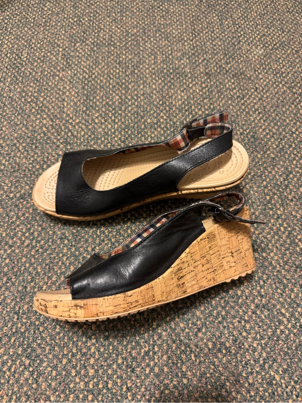CROCS Black Leather Slingback Cork Wedge Sandals